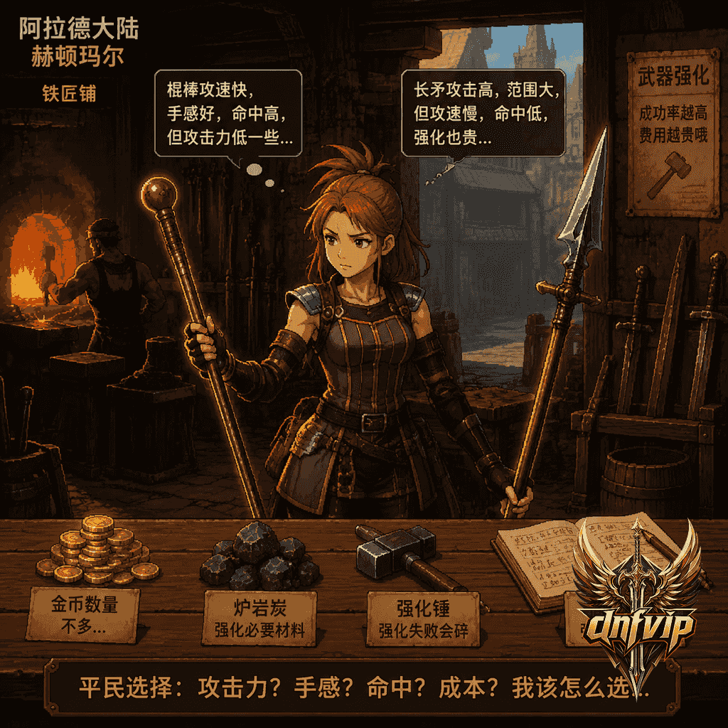 怀旧服战斗法师在铁匠铺前对比矛和棍,考虑攻速、命中和强化成本