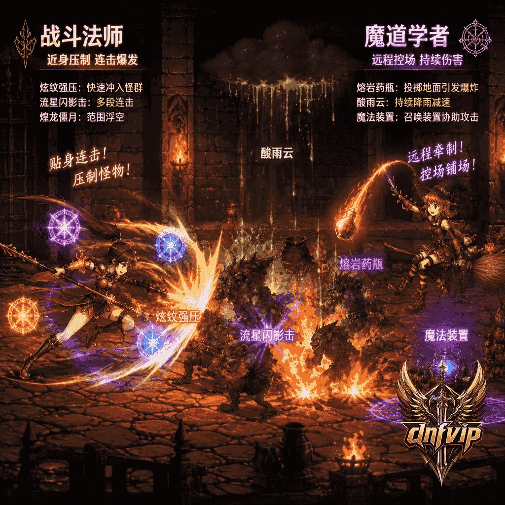 战斗法师贴身连击，魔道学者铺酸雨熔岩控场，展示两种不同组队职责