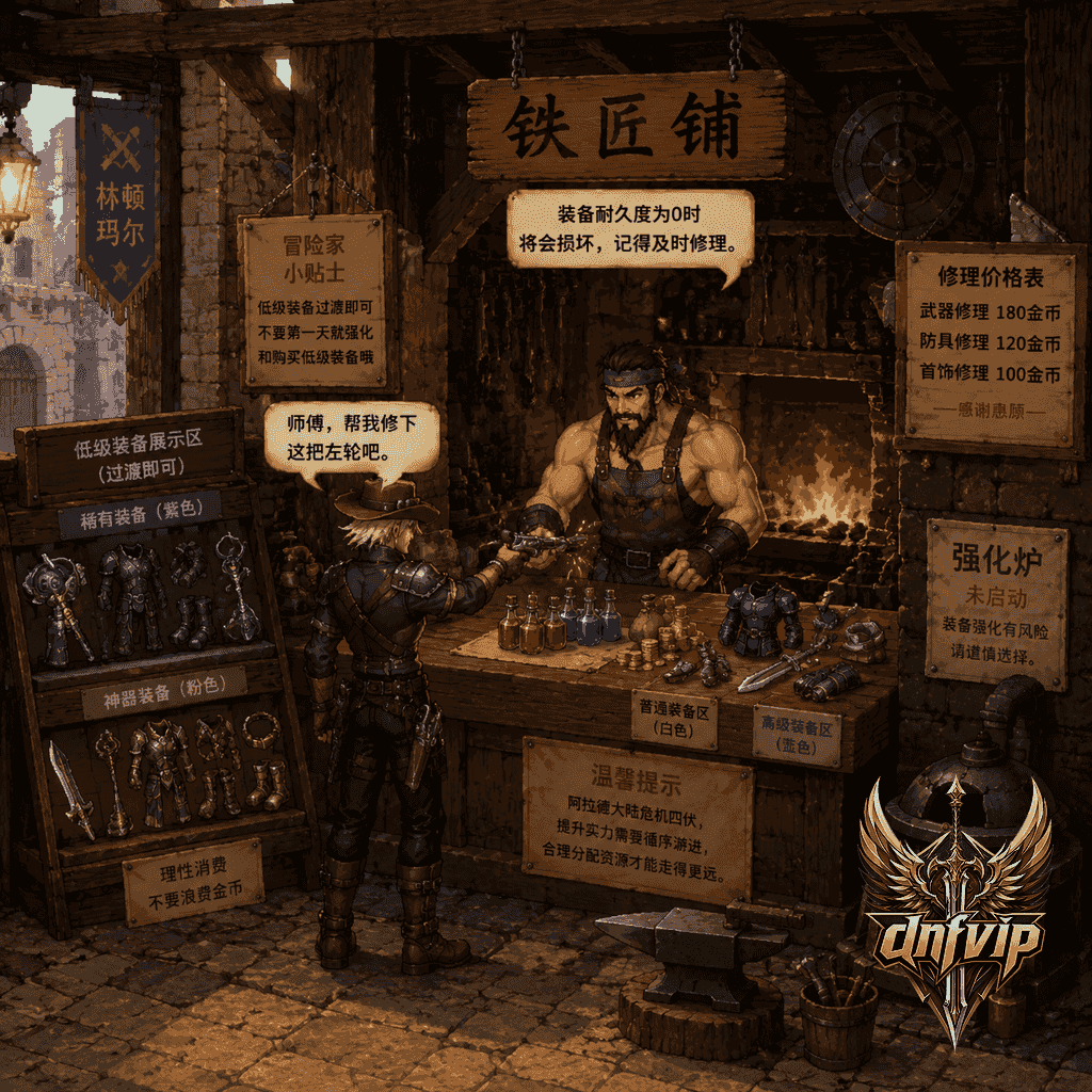新手在铁匠铺优先修理武器和购买药水，避免低级乱强化和乱买装备