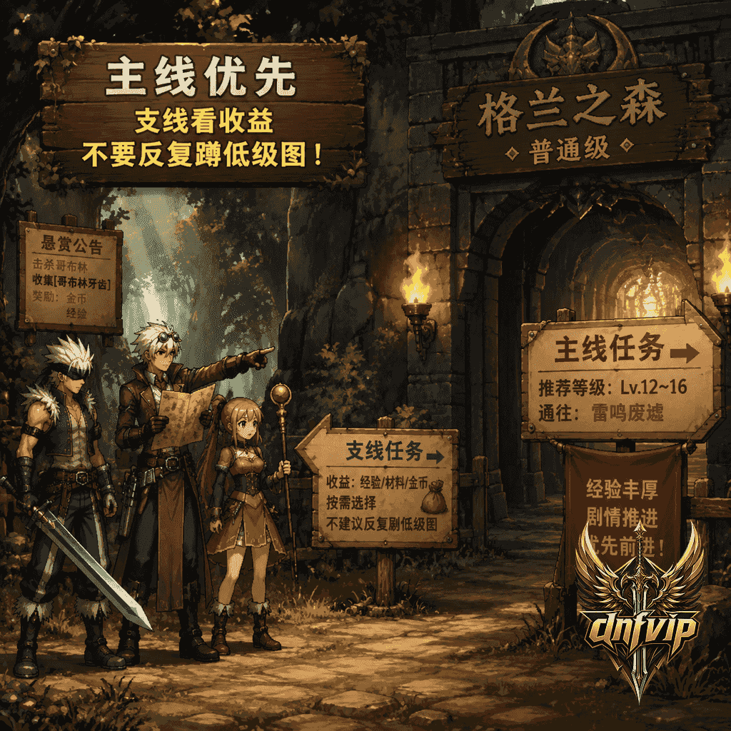 新手队伍站在低级副本门口确认主线任务,准备合理使用疲劳值推进升级