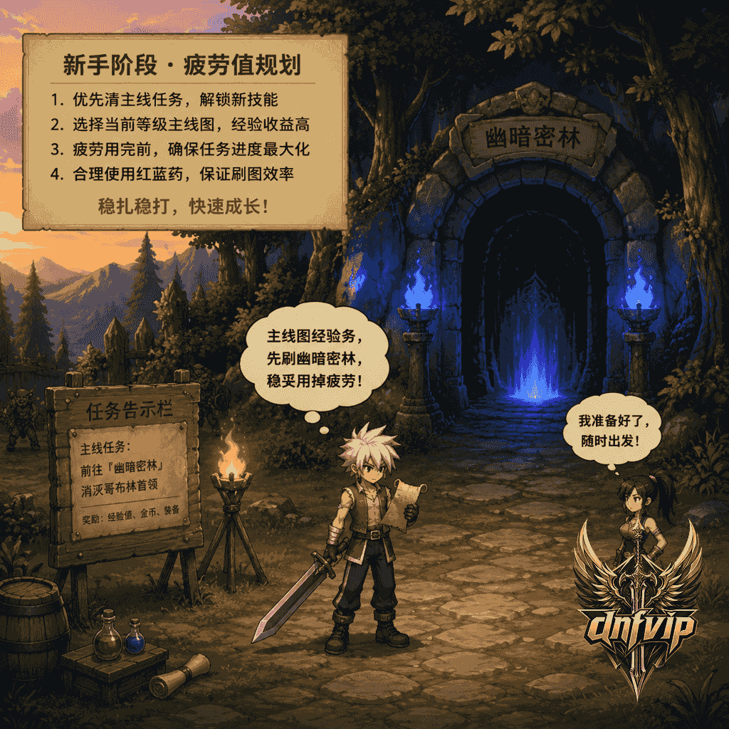 新手角色在老版地下城门口查看任务路线,准备把疲劳用于主线升级和转职