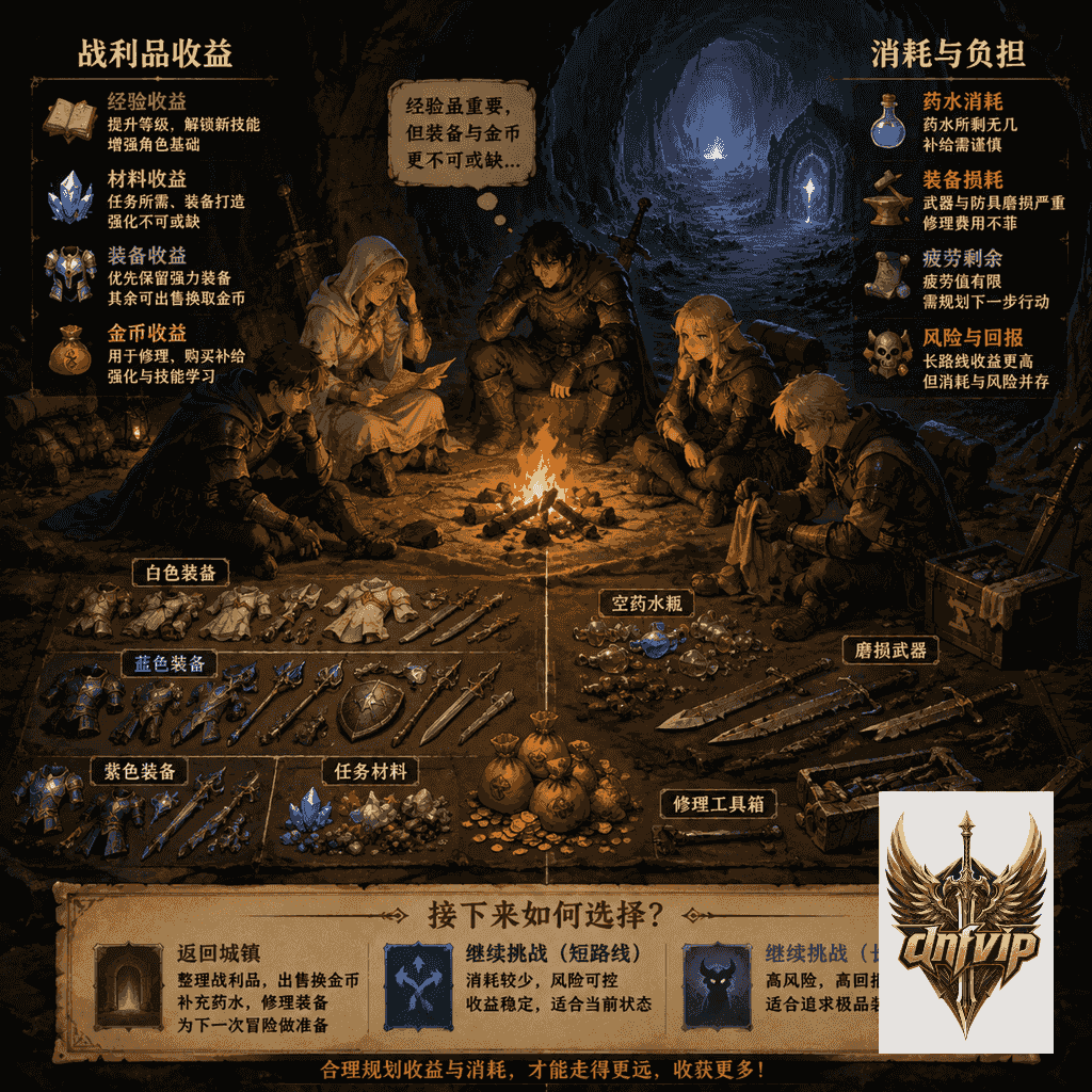 副本通关后角色清点材料装备和药水消耗，权衡收益成本