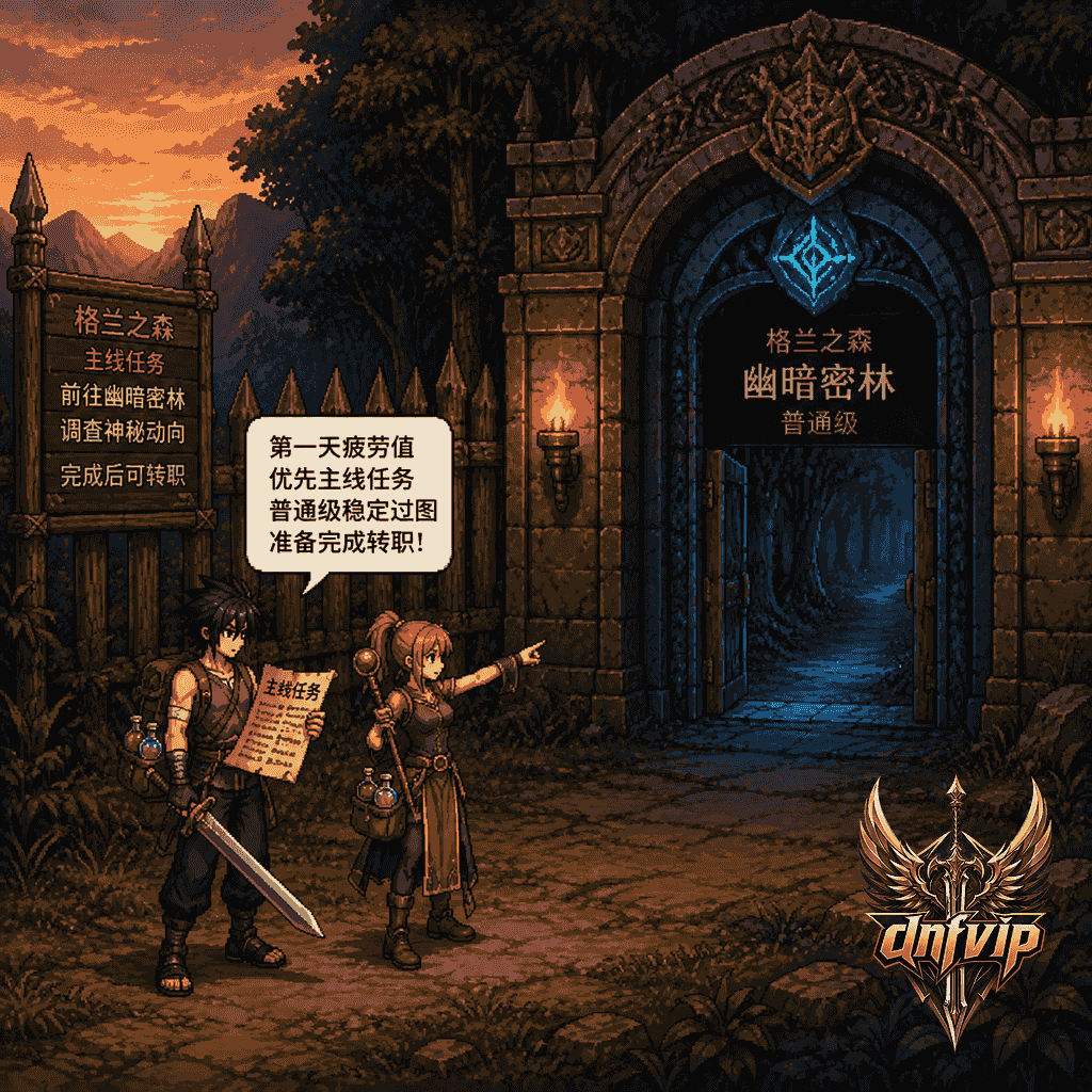 新手角色在经典地下城门口选择主线任务路线，准备把第一天疲劳值优先用在升级和转职上