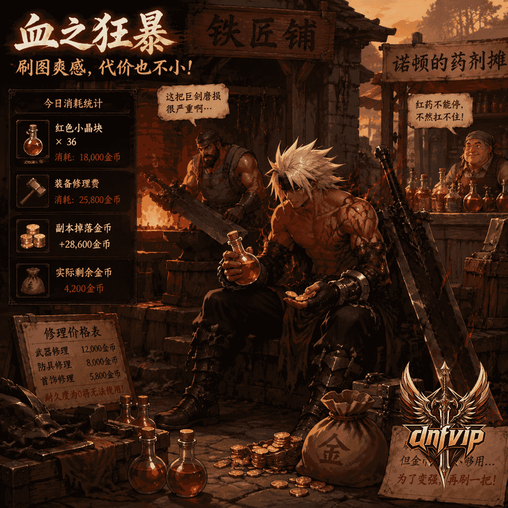 狂战士在铁匠铺和药剂摊前整理红药与金币，体现血之狂暴带来的消耗压力