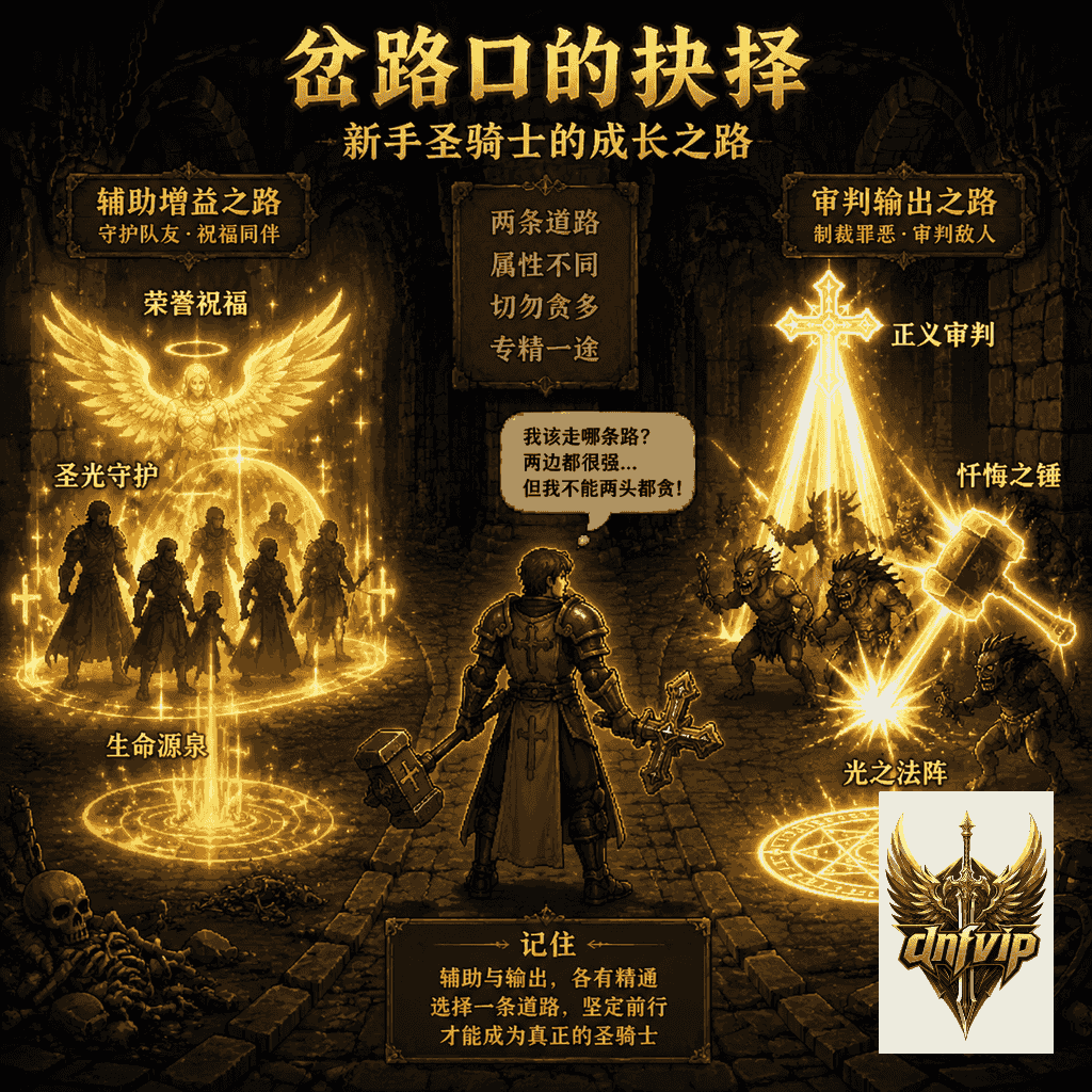 圣骑士站在岔路前,一边是给队友加祝福的辅助路线,一边是挥锤释放光属性审判技能的输出路线。