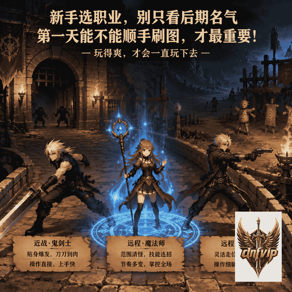 鬼剑士、魔法师和神枪手站在职业选择岔路口，展示新手第一天选择职业时的不同刷图手感