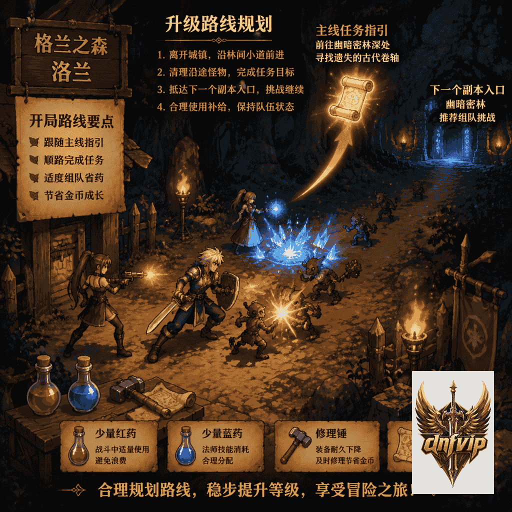 新手冒险者沿着主线任务路线进入格兰之森地下城，队友协作刷图并注意药水和疲劳值规划