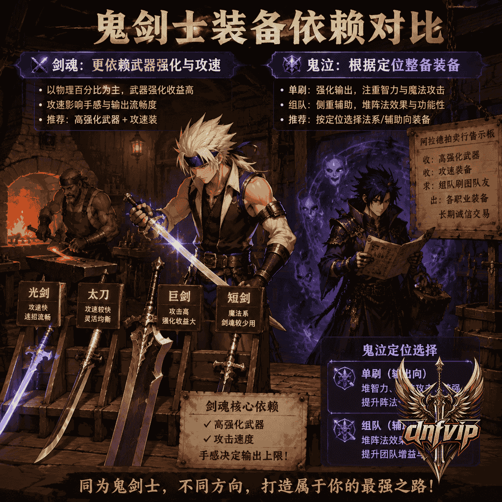 老式铁匠铺里剑魂挑选武器,鬼泣在一旁准备组队用的暗属性法系装备