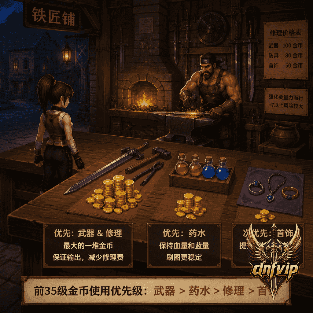 新手冒险家在铁匠铺前把金币优先用于武器修理和药水补给