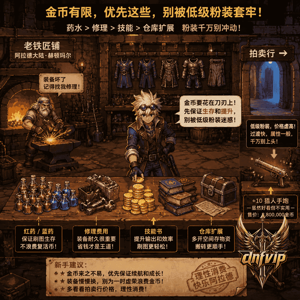 新手在怀旧铁匠铺前把金币分给药水和修理费，避免高价购买不合适的低级粉装