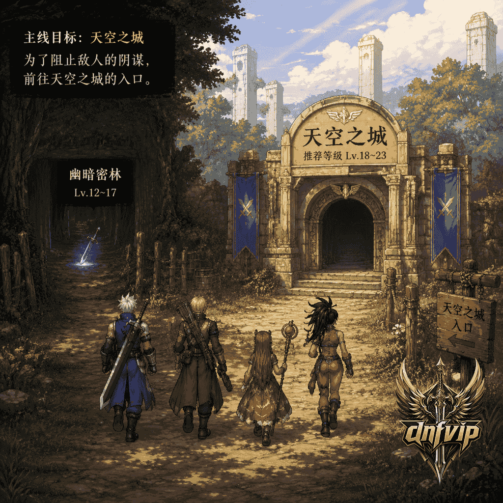 新手队伍站在经典地下城门口,准备继续主线而不是反复刷低级图。