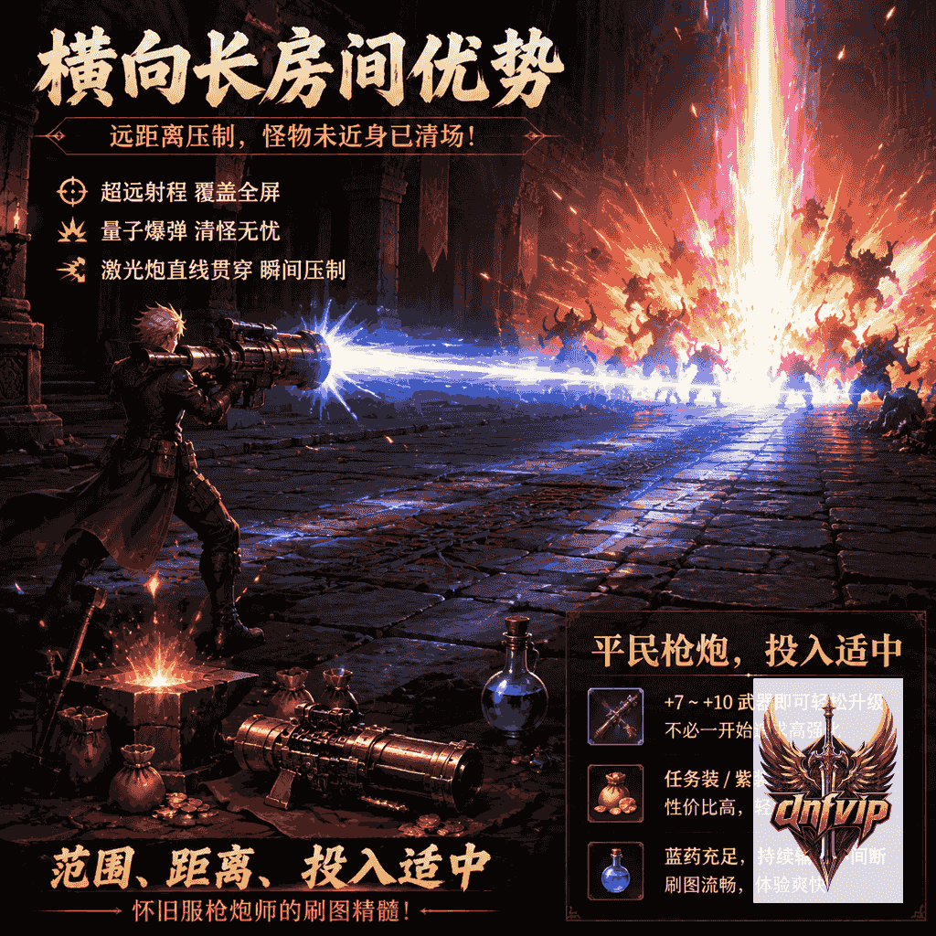 男枪炮用量子爆弹和激光炮清理成群怪物，身旁摆放普通手炮与强化材料，体现装备投入压力适中