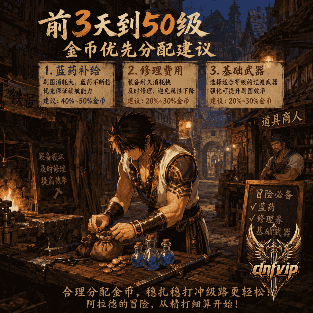 男气功师在老阿拉德铁匠铺附近整理武器、药水和金币,表现新号前期要先顾蓝药、修理费和过渡装备。