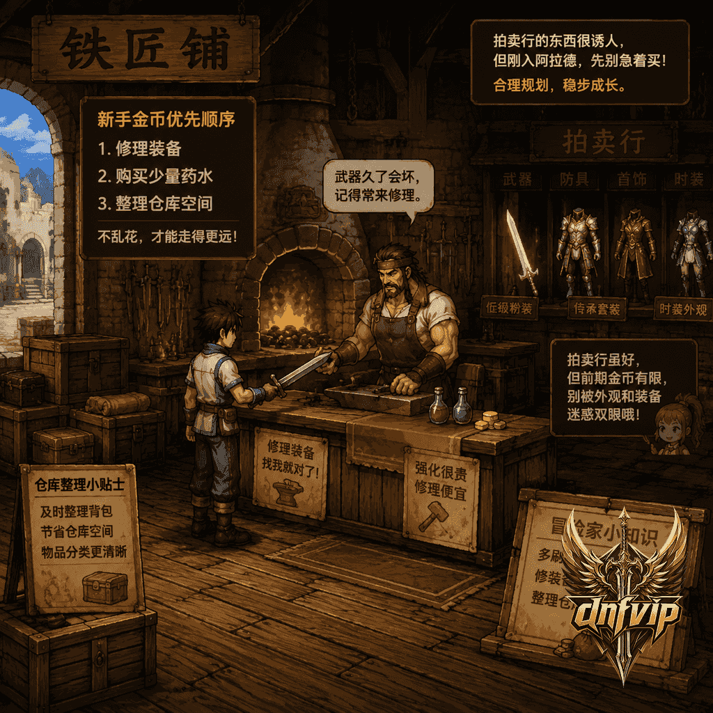 新手在复古铁匠铺前优先修理装备和购买少量药水,没有急着买低级粉装