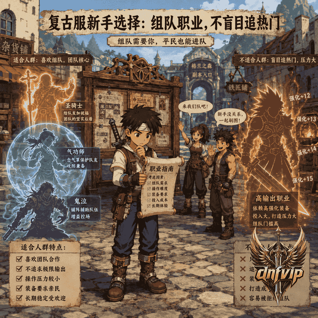 平民新手在城镇公告板前比较辅助和输出职业，思考自己适合的组队定位
