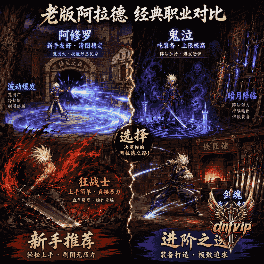 阿修罗和狂战士更适合新手，鬼泣和剑魂更吃装备的职业对比画面