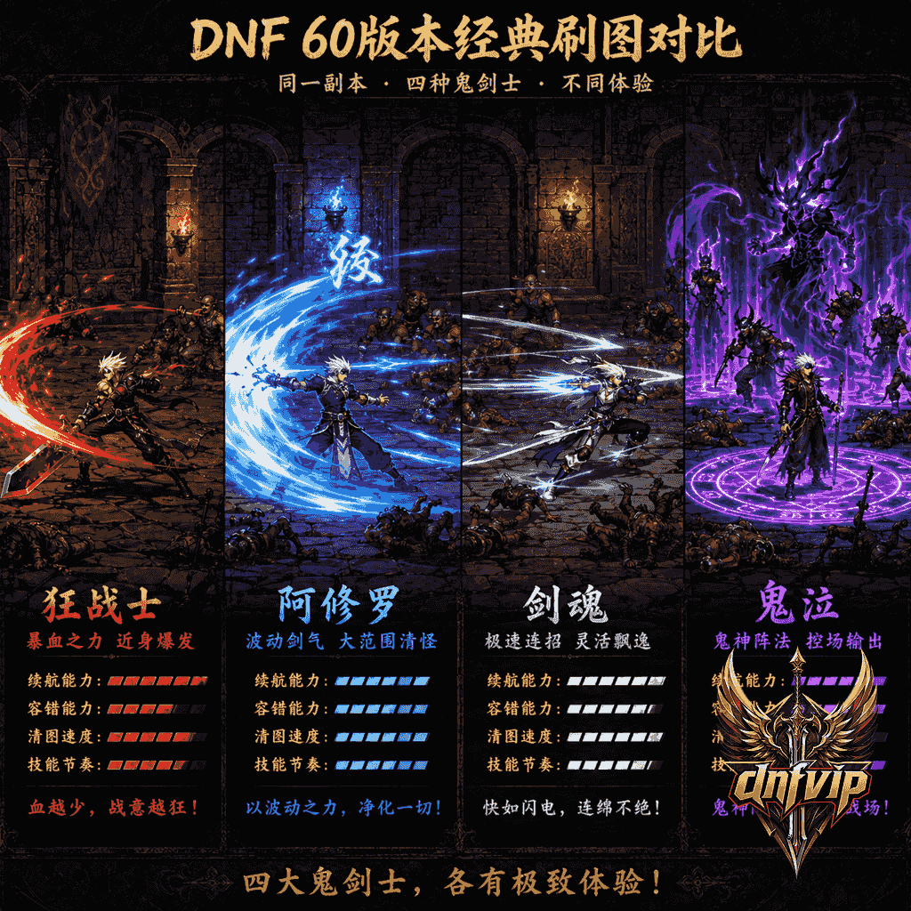 狂战士、阿修罗、剑魂和鬼泣分别展示不同刷图风格,在旧版副本场景中形成对比。