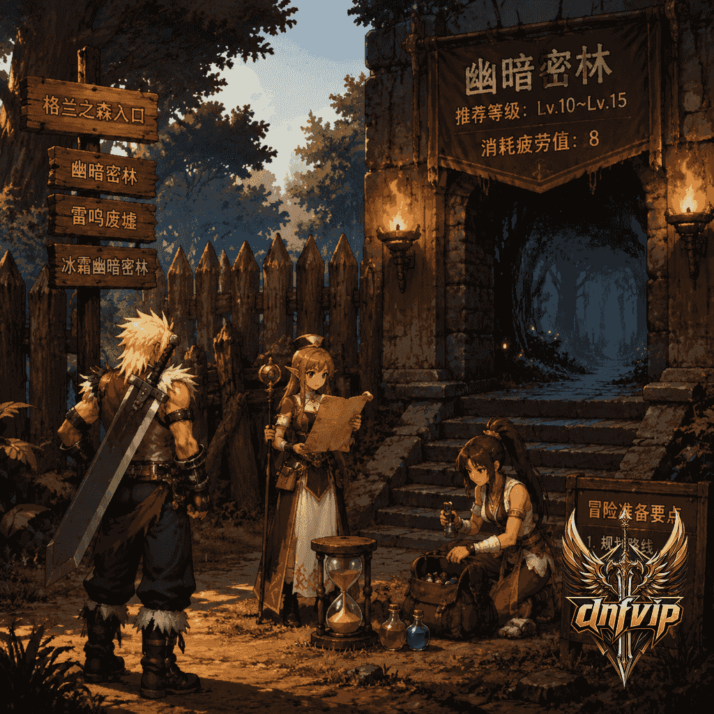 新手冒险家在老版副本门口查看任务路线,准备把疲劳优先用于主线地图