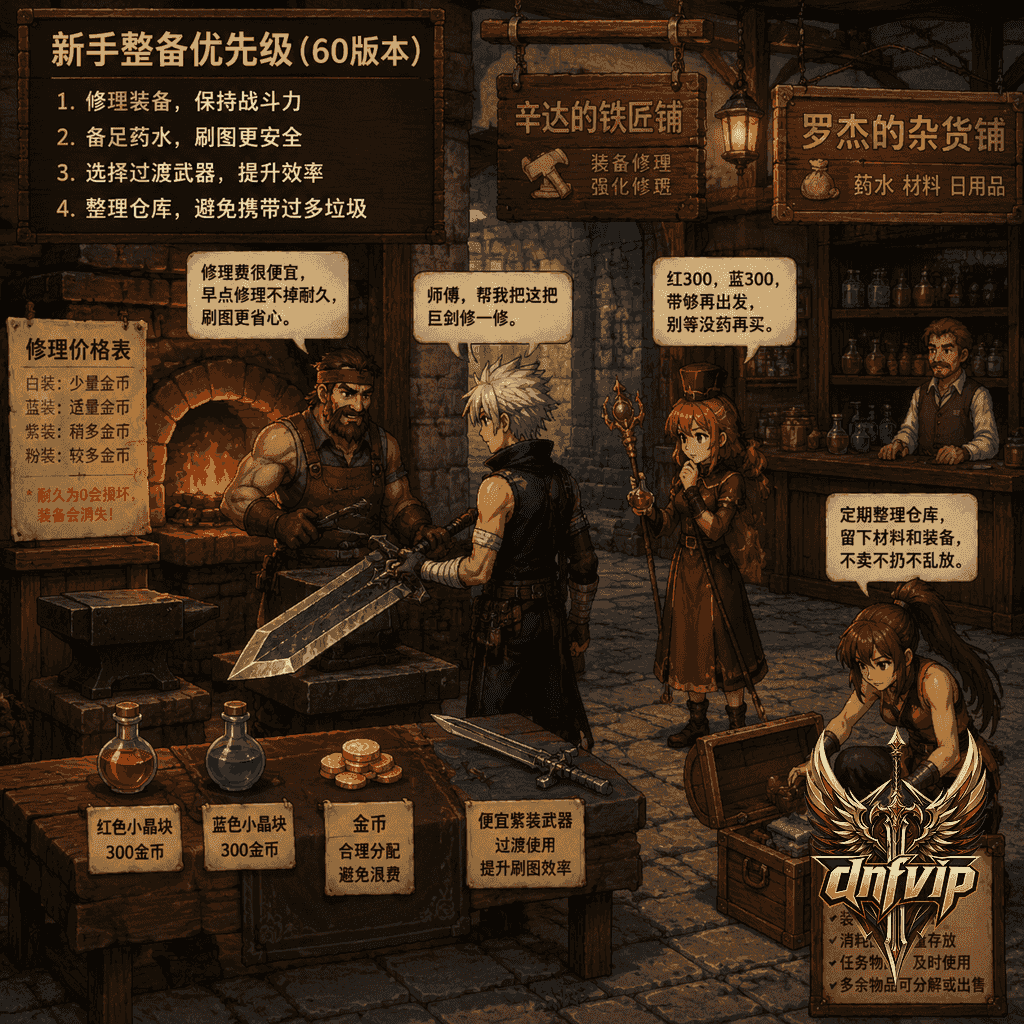 新手在铁匠铺和商人旁整理金币、药水和武器,避免乱买昂贵装备