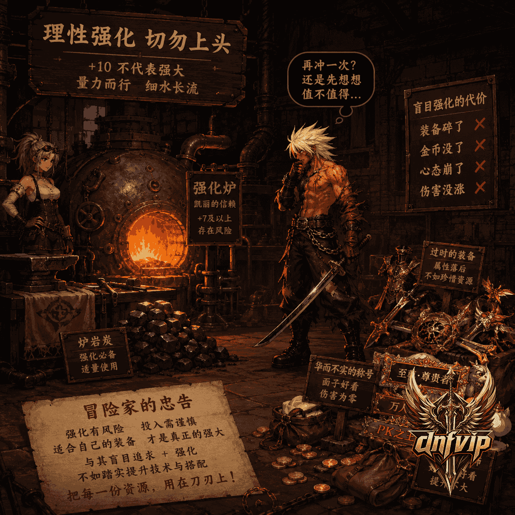 狂战士在凯丽强化炉前犹豫，旁边堆着不值得高价购买的低级装备