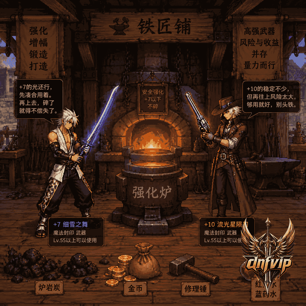 铁匠铺强化炉前，两把武器分别象征平民够用的+7和追求效率的+10