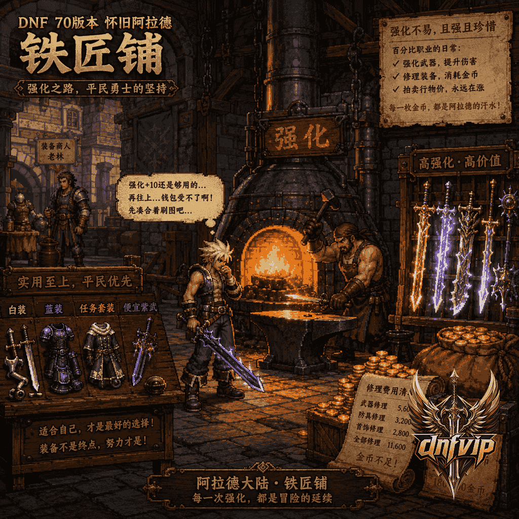 复古铁匠铺里,平民角色看着强化炉和高价武器犯难,旁边摆着任务装与紫装过渡选择。