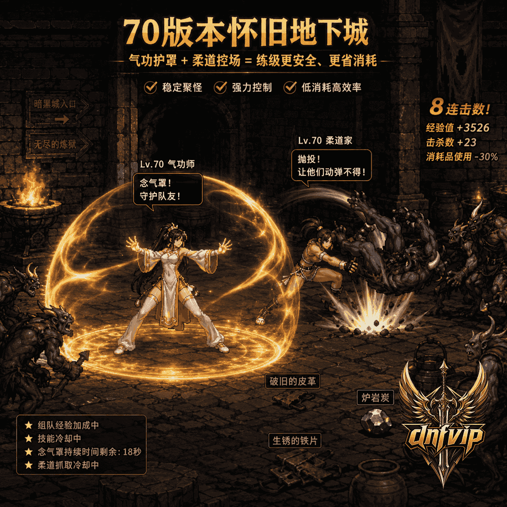 气功师开念气罩保护队友,柔道抓取怪物控场,表现新手更稳的练级与刷图场景。