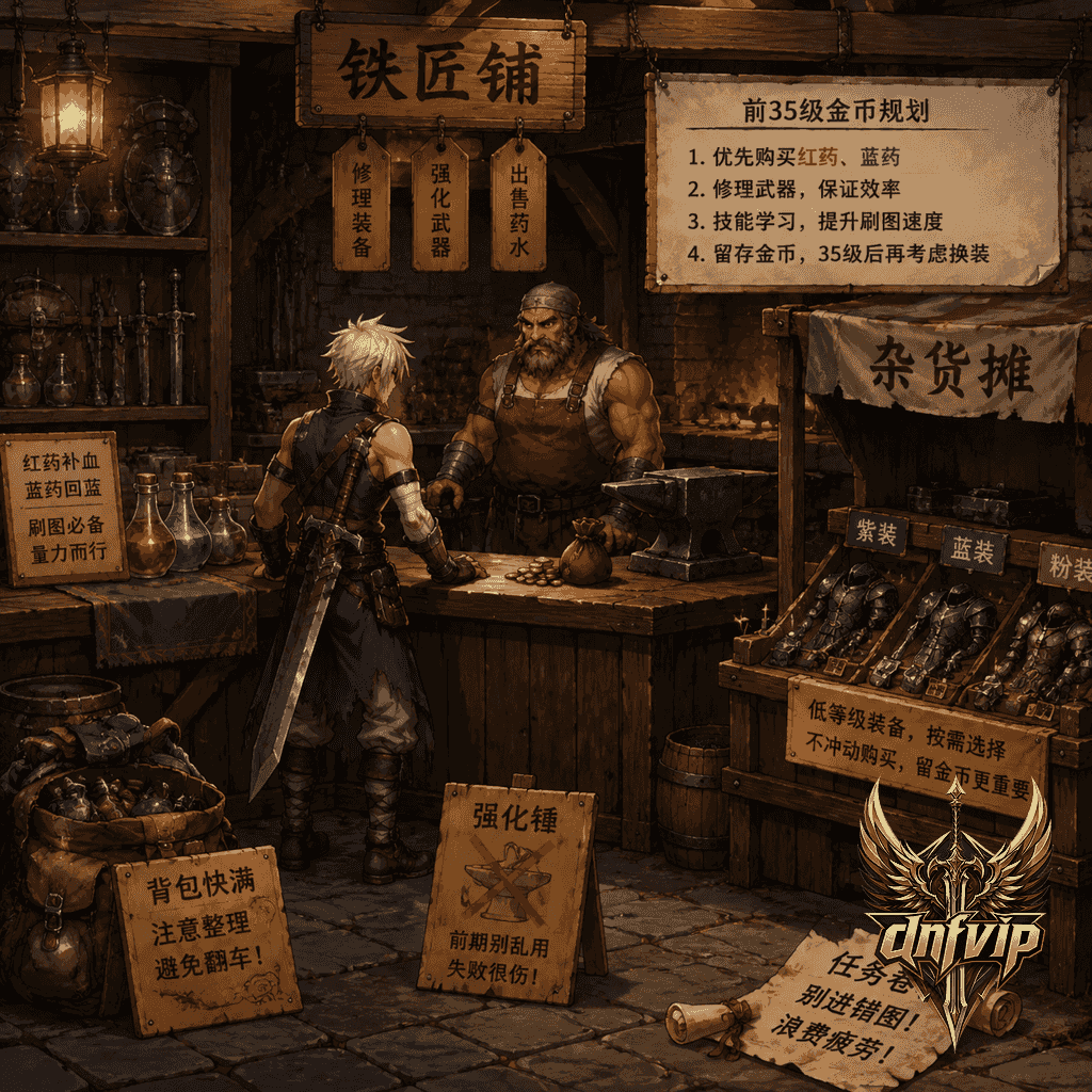 老版铁匠铺里新手冒险家优先准备药水和修理费,避免乱买低级装备