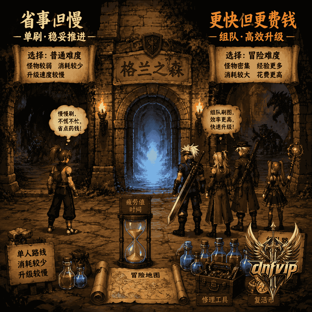 冒险家在副本门口准备分配疲劳值，权衡单刷省钱和组队快速升级