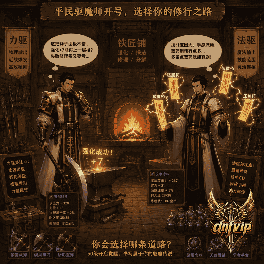 力驱和法驱在铁匠铺前对比选择,一边强化斧头一边准备符咒药水