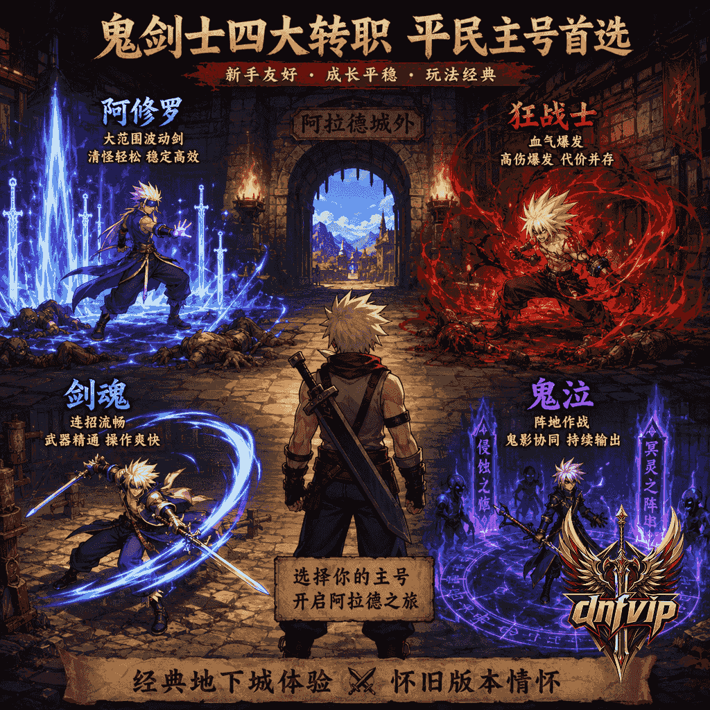 阿拉德地下城入口前，新手冒险者对比阿修罗、狂战士、剑魂和鬼泣的不同上手风格。