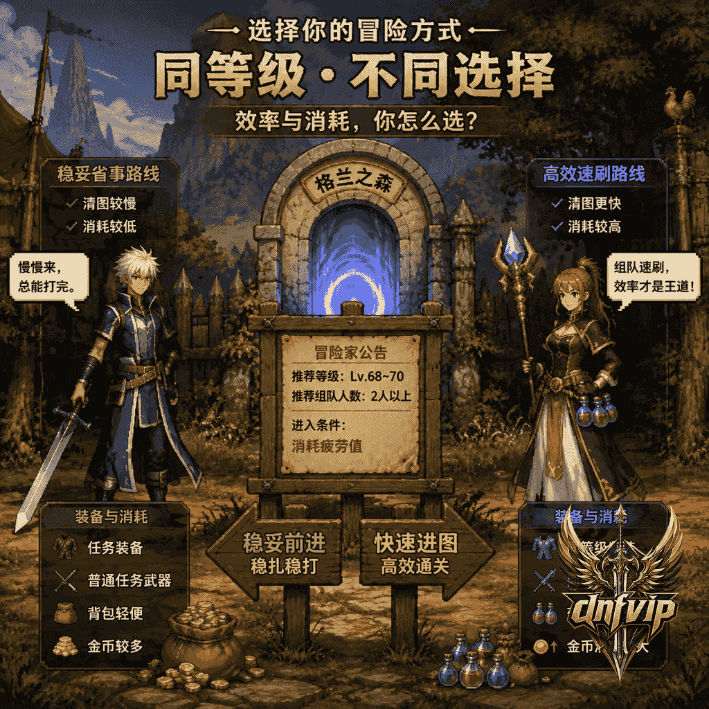 两名怀旧服冒险家在副本门口选择不同升级路线，一个节省金币一个准备药水冲图