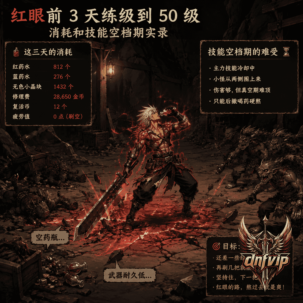 低等级狂战士在怀旧地下城中清怪,技能冷却间隙被怪物围住,药水消耗明显
