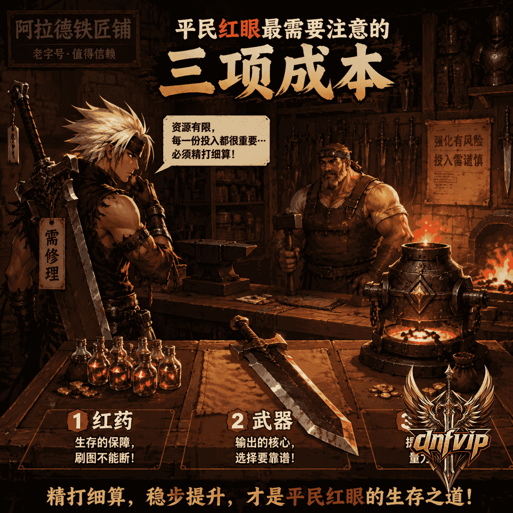 怀旧铁匠铺里，狂战士在红药、武器和强化费用之间犹豫，体现平民开销压力