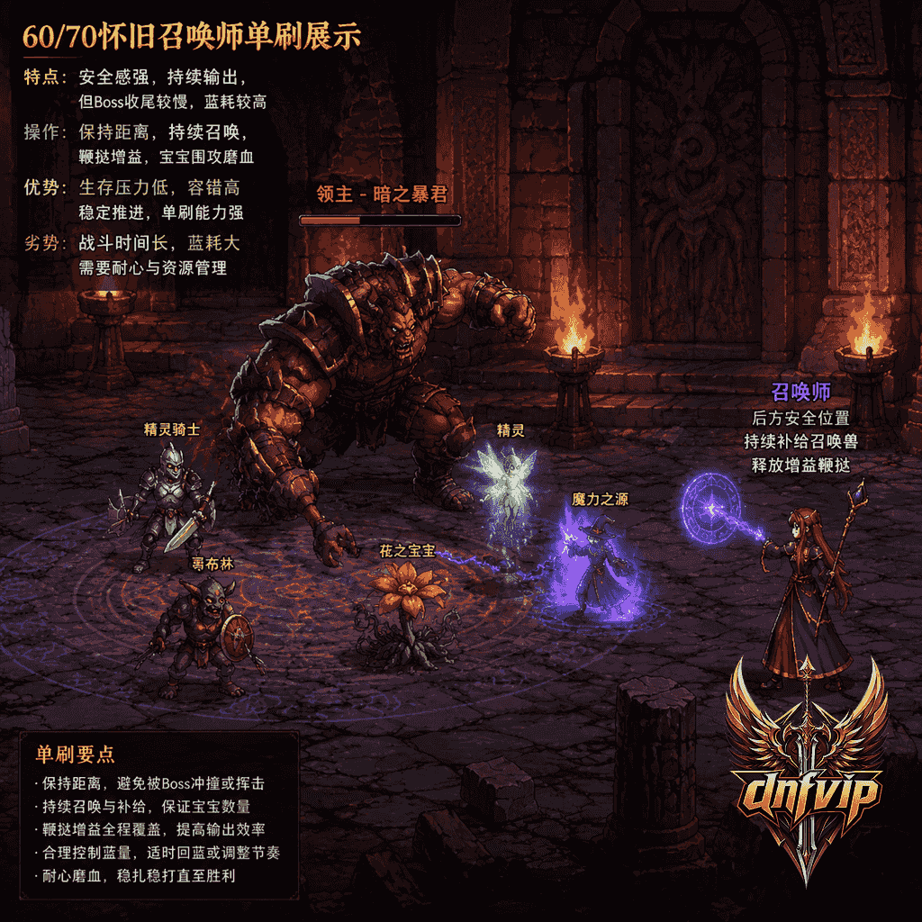 召唤师在老版 Boss 房远处补召唤,宝宝持续围攻 Boss 但战斗节奏偏慢